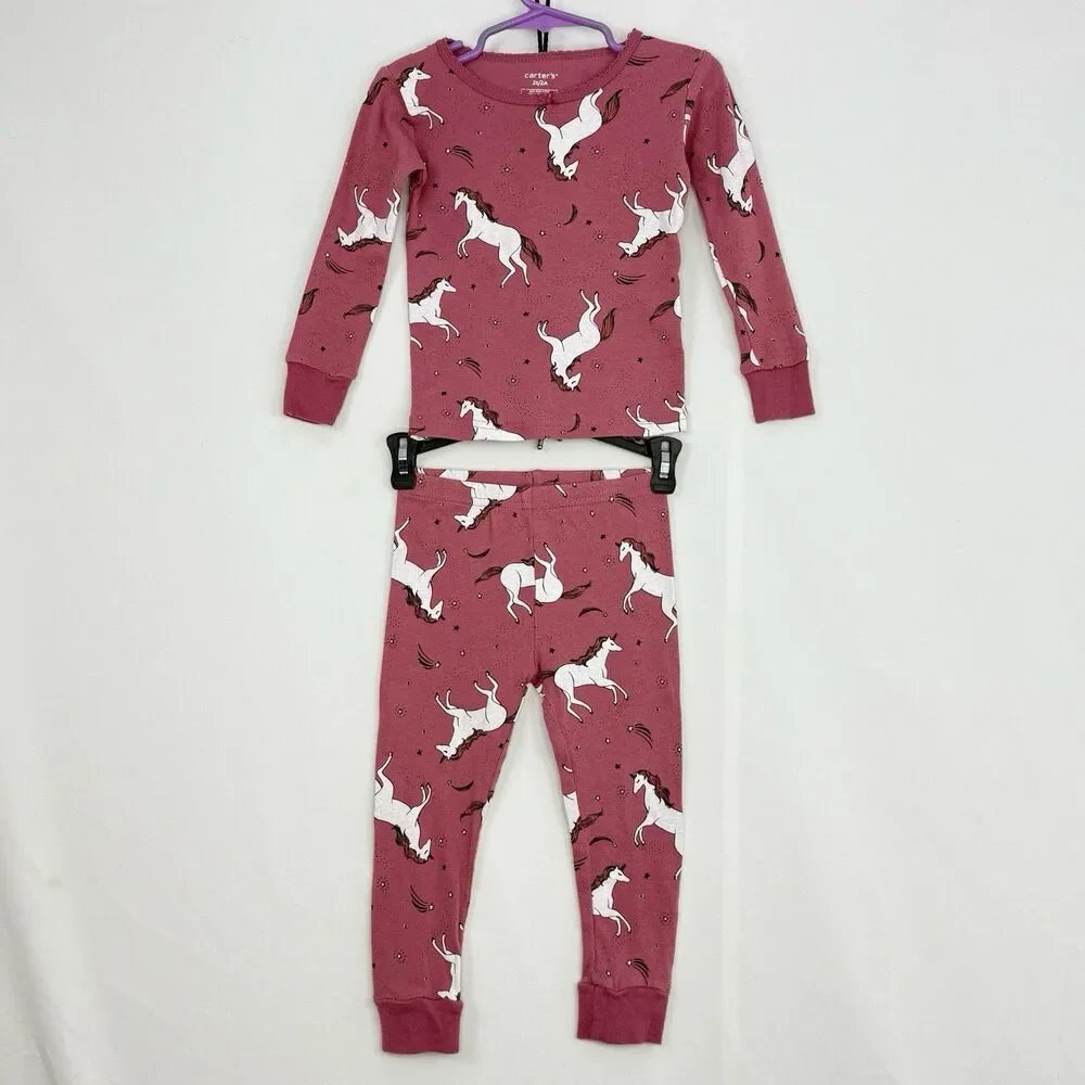 Carter's PJ Set Long Sleeve Shirt & Pants Set Unicorn Pink Girls Toddler 2T/2A